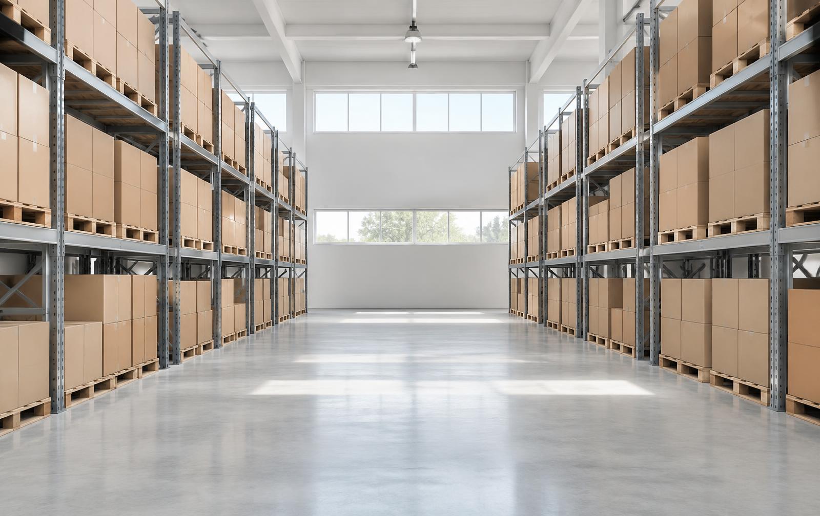 Entrepôt moderne avec rayonnages et cartons rangés